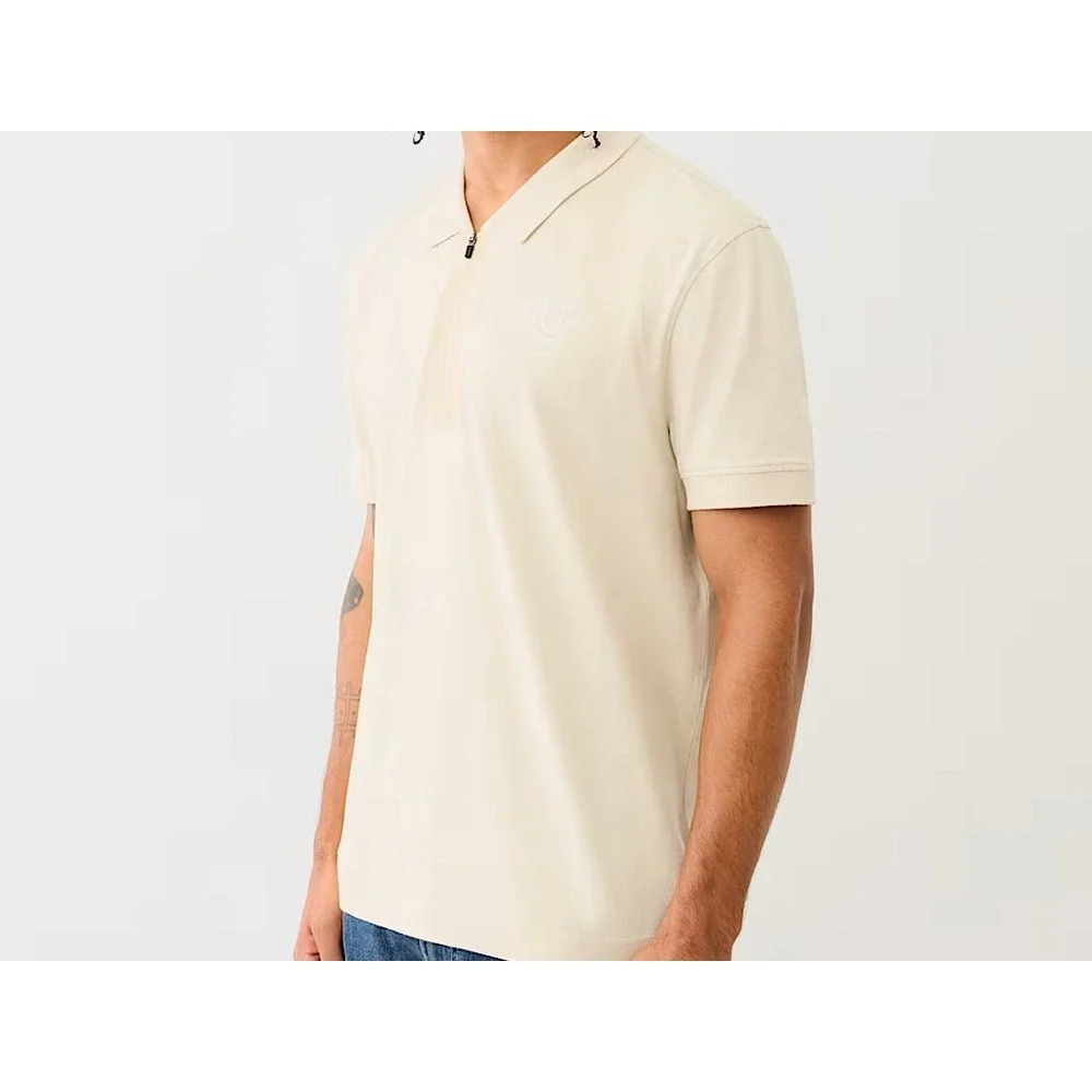 True Religion Mens Tape Logo Zipper Polo Shirt Color Fog Medium New